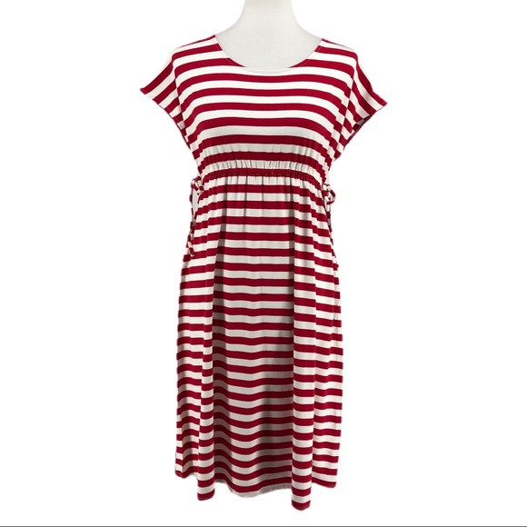 a:glow Dresses & Skirts - a:glow Red White Strip Drawstring Waist Short Sleeve Maternity Sheath Midi Dress
